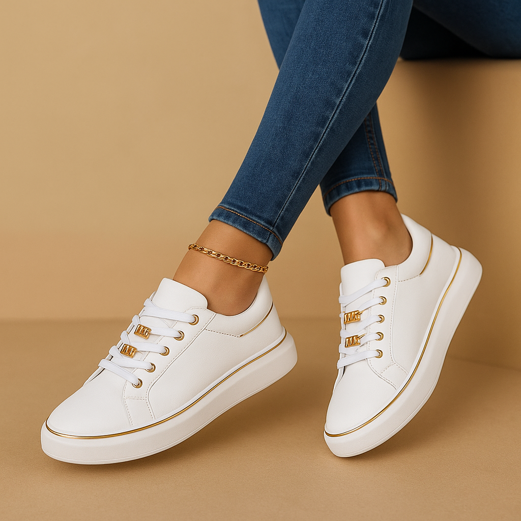 Women’s White Sneakers with Gold Accent