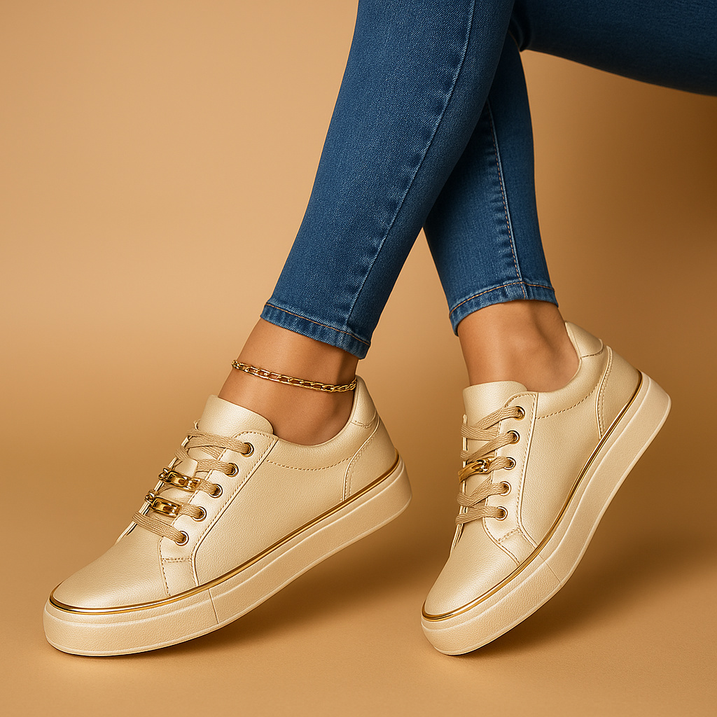 Women’s White Sneakers with Gold Accent